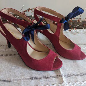 Unisa Burgundy Stiletto Heels with Navy Ankle Ribbon